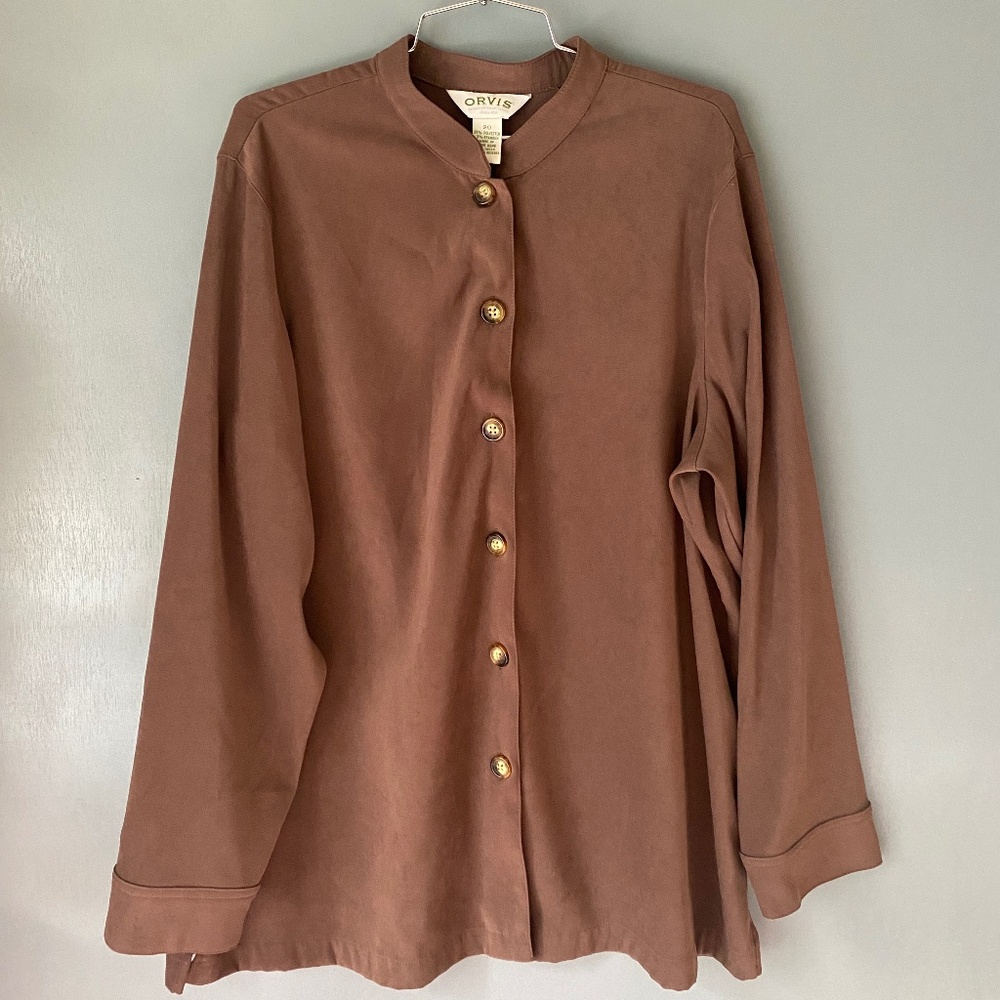 ORVIS Women's 20 Brown Long Sleeve Button Up Blouse Mandarin Collar Comfort
